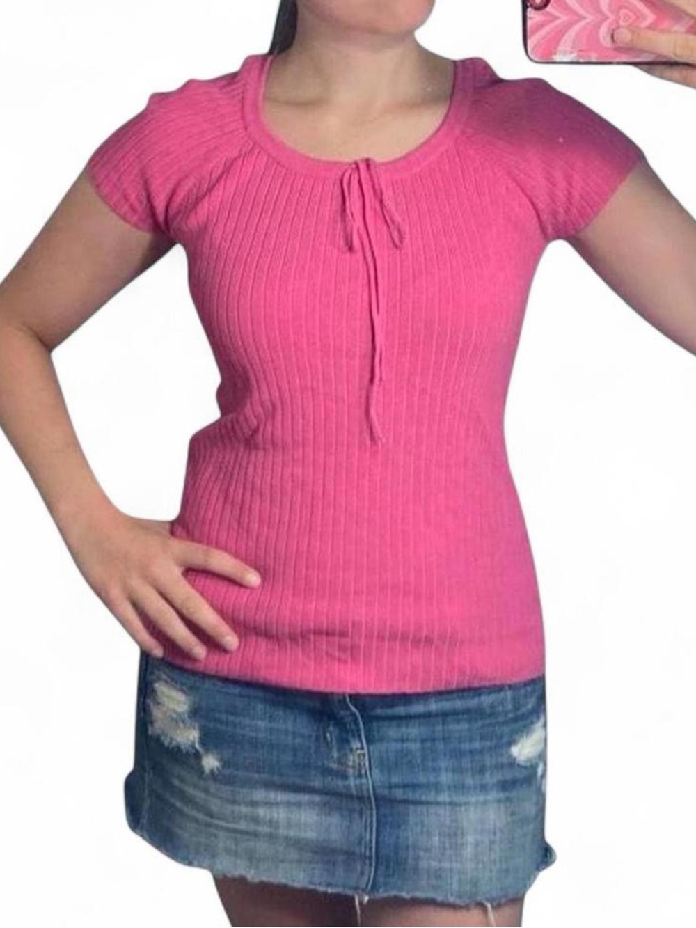 Denver Hayes Ribbed Fitted Hot Pink Top with a Draw String Neckline